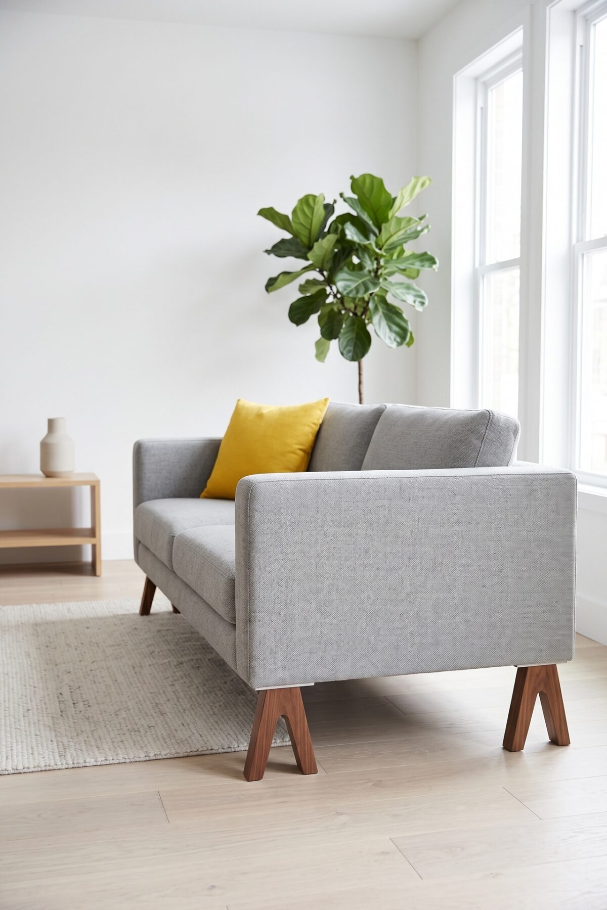 Canapé IKEA avec des pieds en bois géométriques