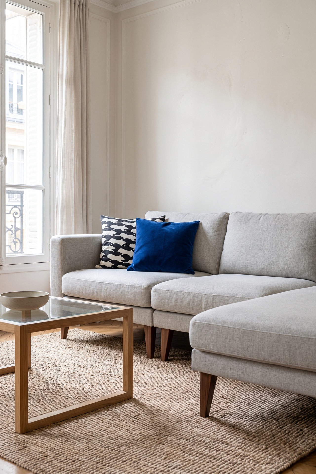 Canapé IKEA personnalisé avec des pieds en bois et des coussins graphiques