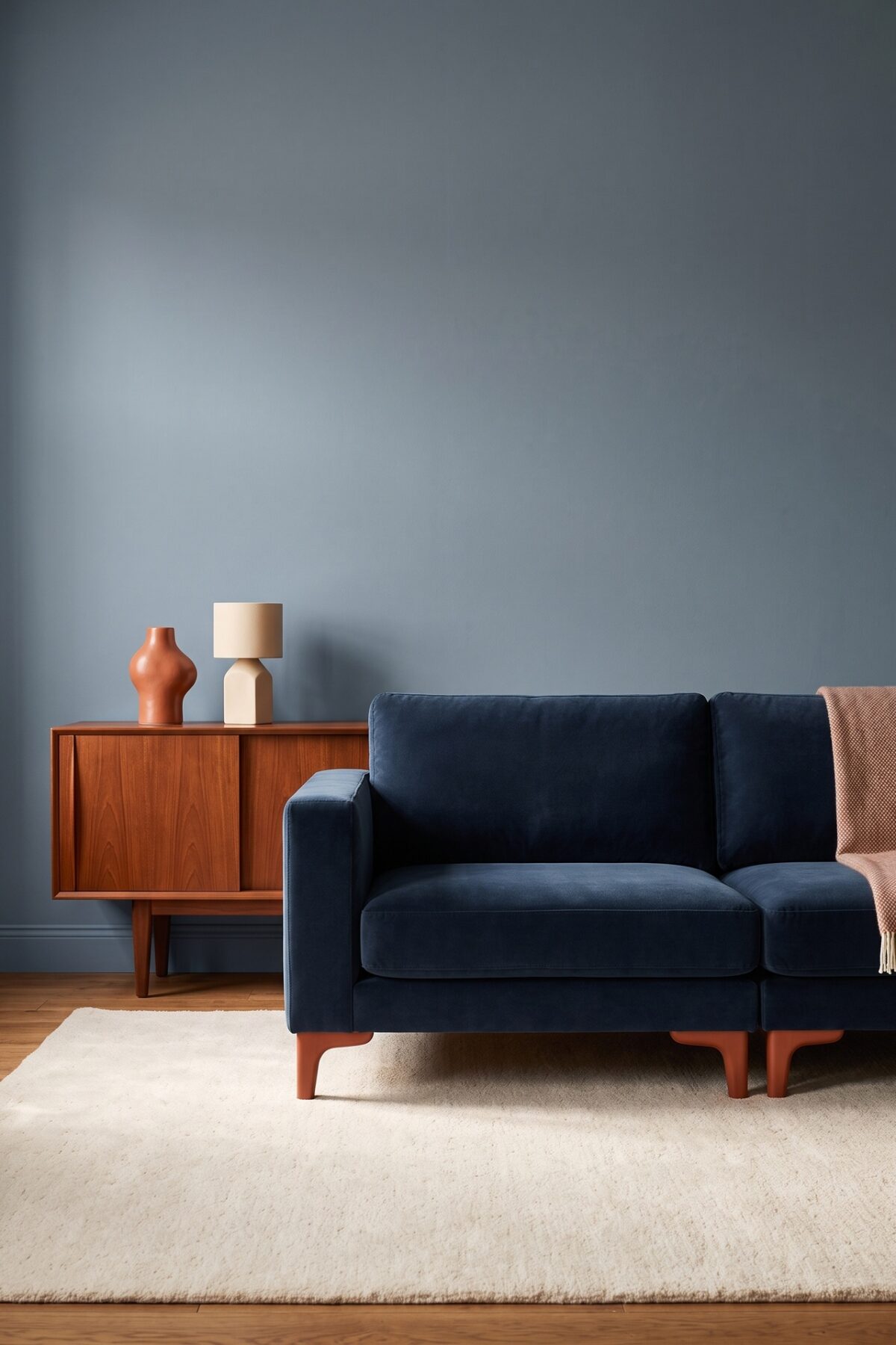 Canapé IKEA bleu avec des pieds couleur terracotta