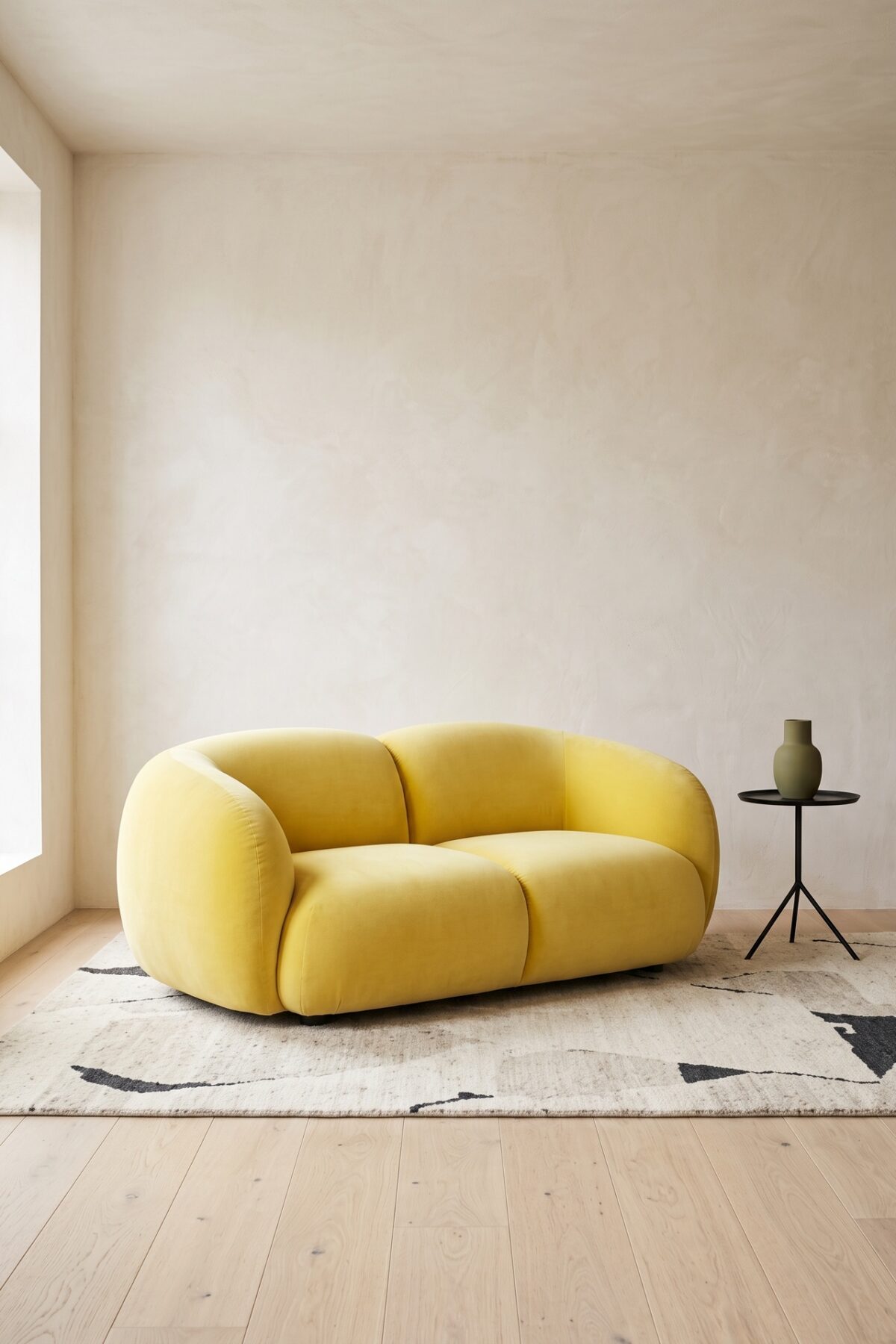 canapé jaune sculptural dans un salon minimaliste