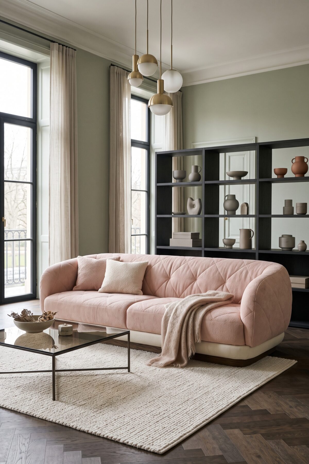 canapé rose enveloppant dans un salon élégant