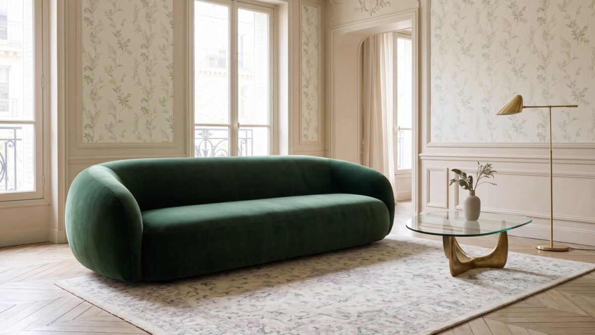 canapé sculptural vert foncé dans un salon parisien lumineux