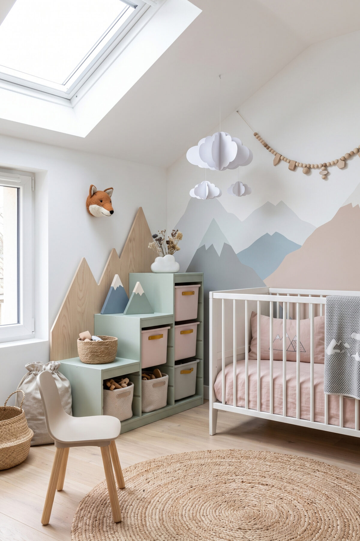 Chambre bébé scandinave avec meuble IKEA customisé motif montagne