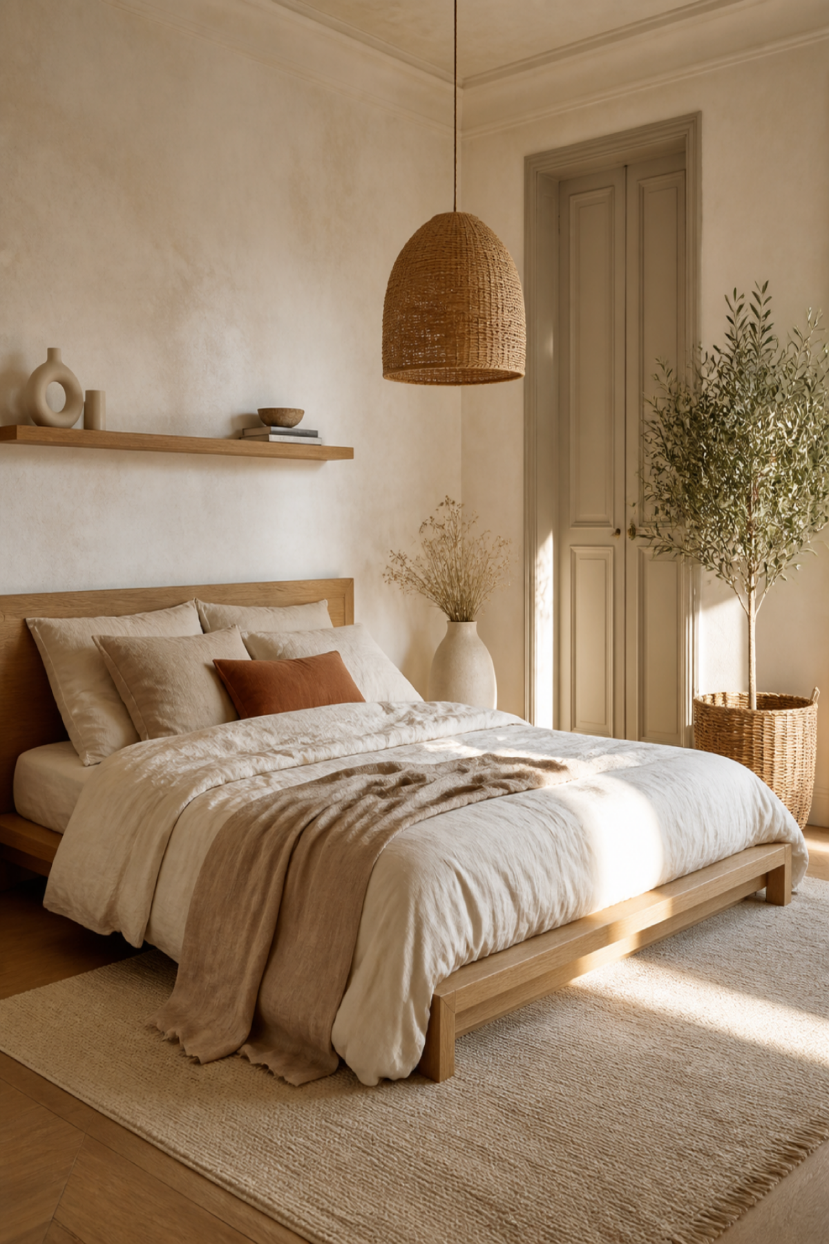 Chambre bohème naturelle avec lit en bois clair, linge écru et touches terracotta