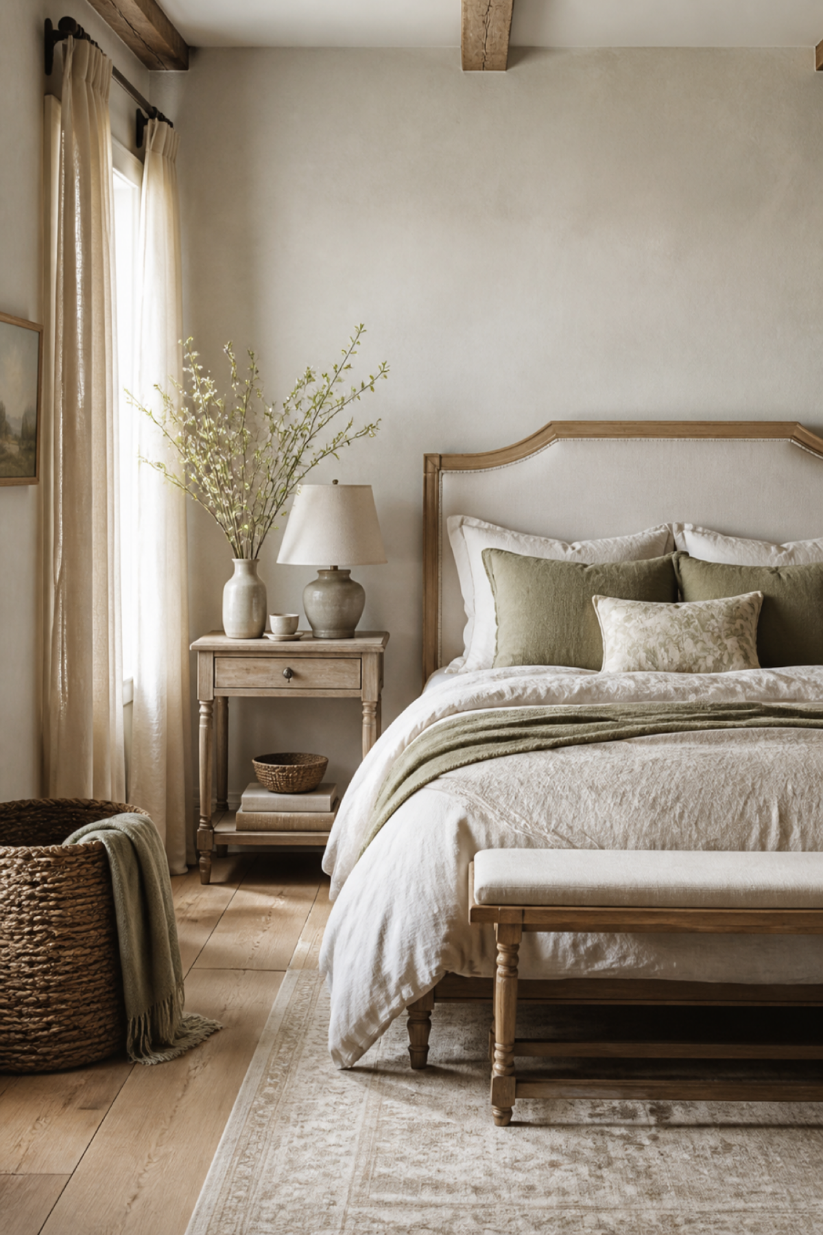Chambre champêtre avec meubles en bois, linge en lin et bouquet de fleurs