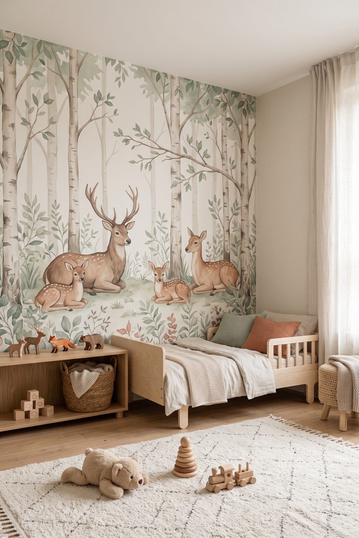 Chambre d'enfant avec une fresque forestière, un lit en bois et des jouets au sol