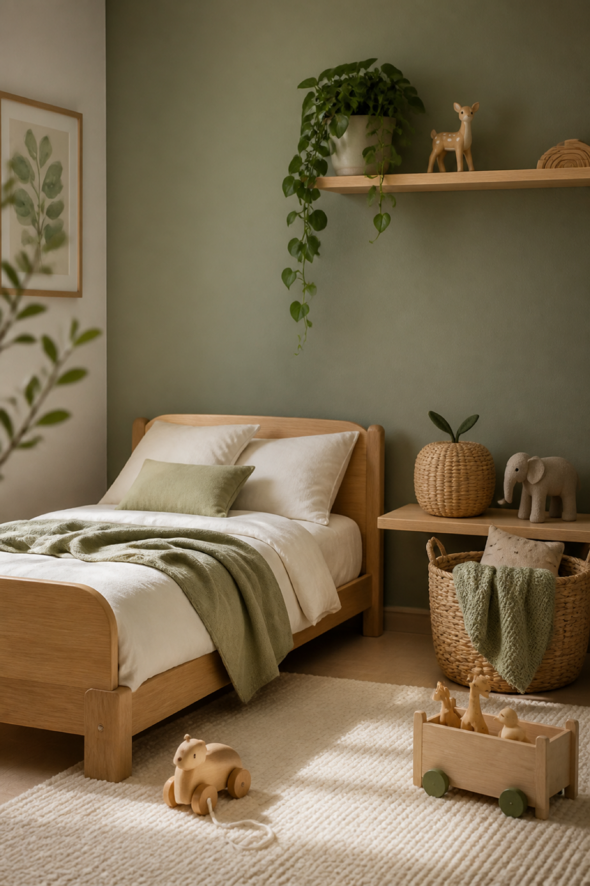 Chambre d’enfant nature avec lit en bois, mur vert sauge et jouets en bois