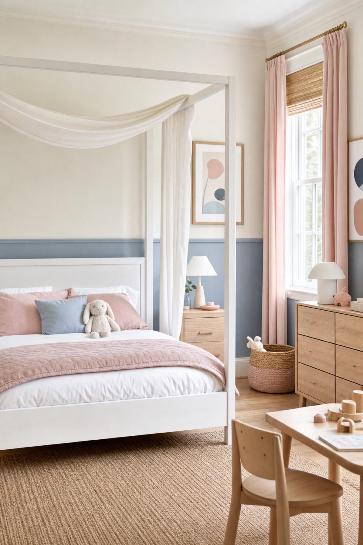 Chambre d’enfant avec lit blanc, mur bleu pastel, textiles rose poudré et meubles en bois clair