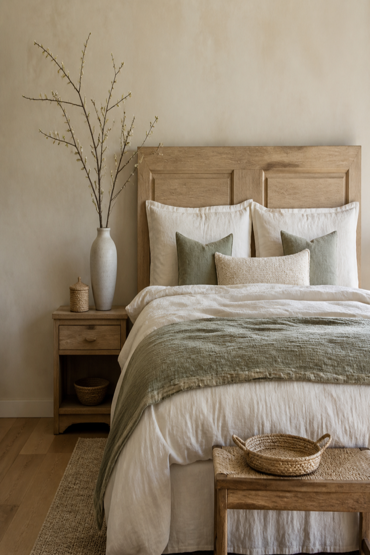 Chambre parentale apaisante avec linge de lit écru, bois clair et accents vert sauge
