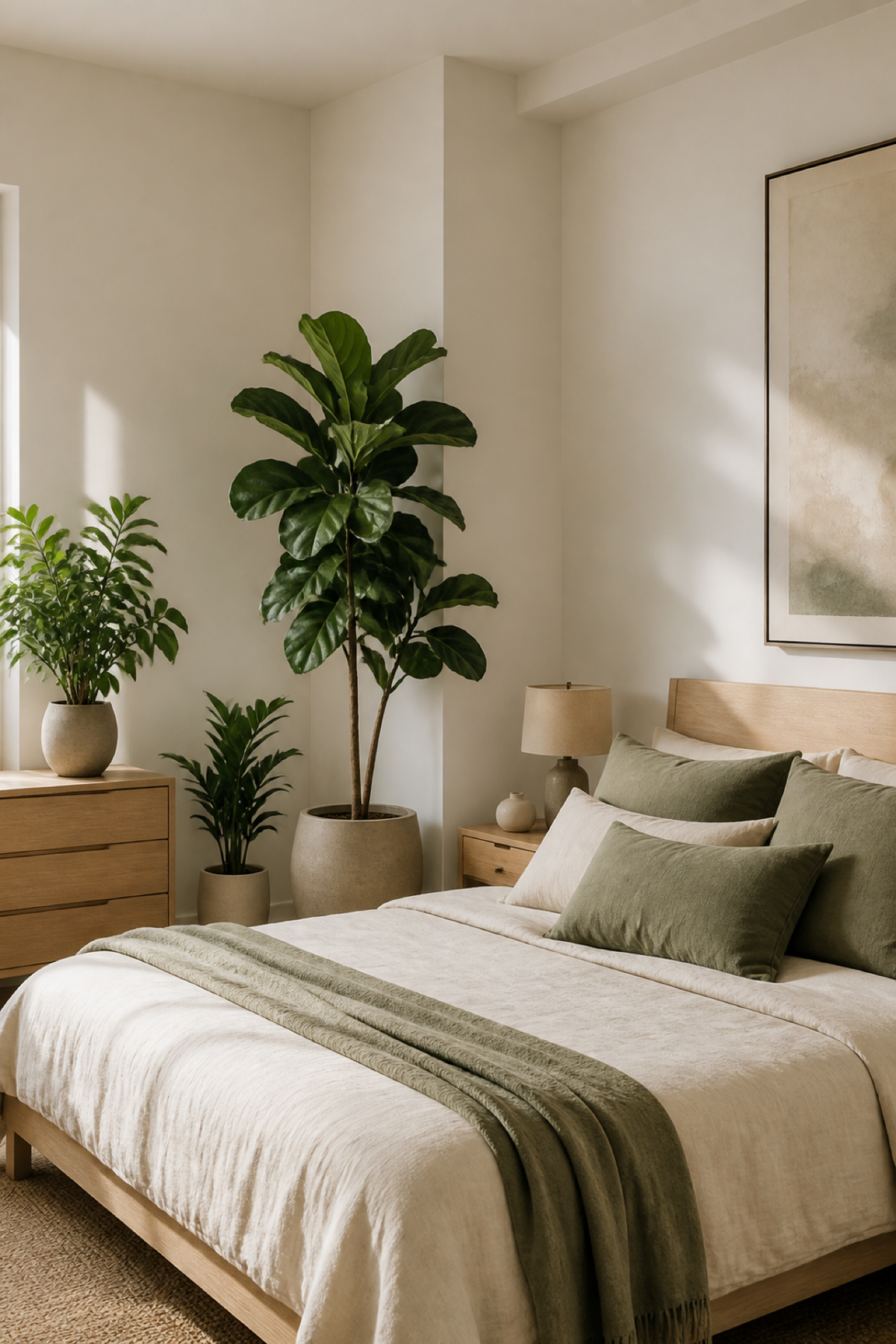 Chambre avec plantes vertes, mobilier en bois clair et linge de lit naturel