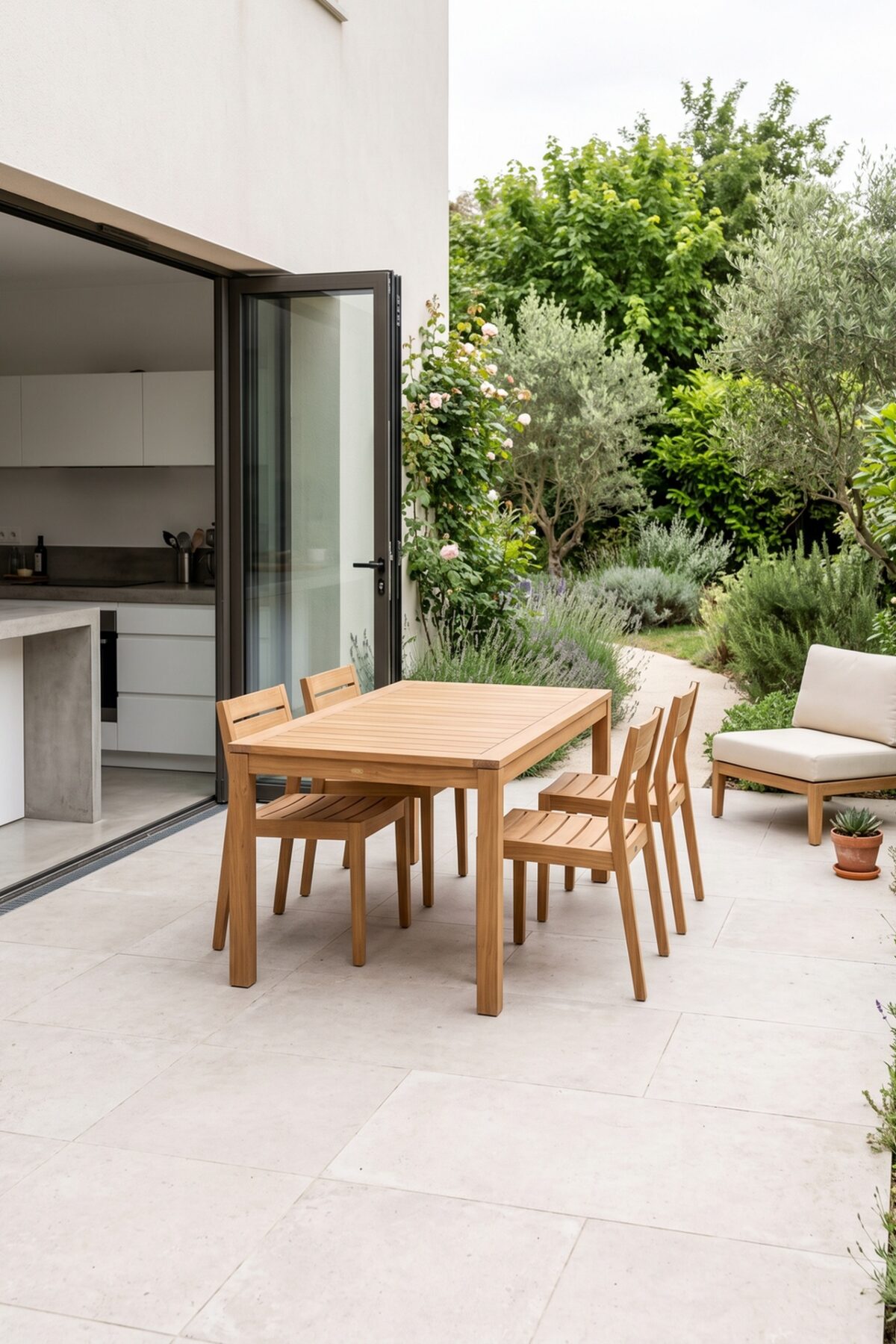 Mobilier de terrasse disposé avec une circulation fluide autour de la table