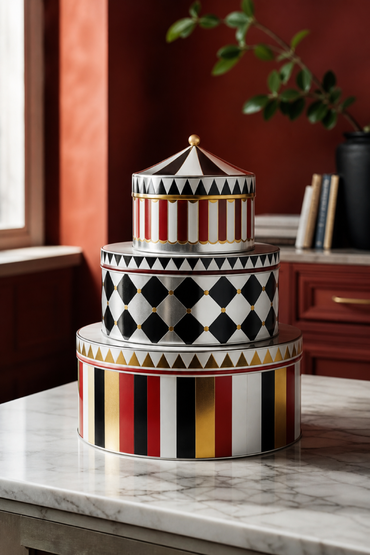 Trois boîtes gigognes Circus Alessi multicolores en métal dans une cuisine contemporaine