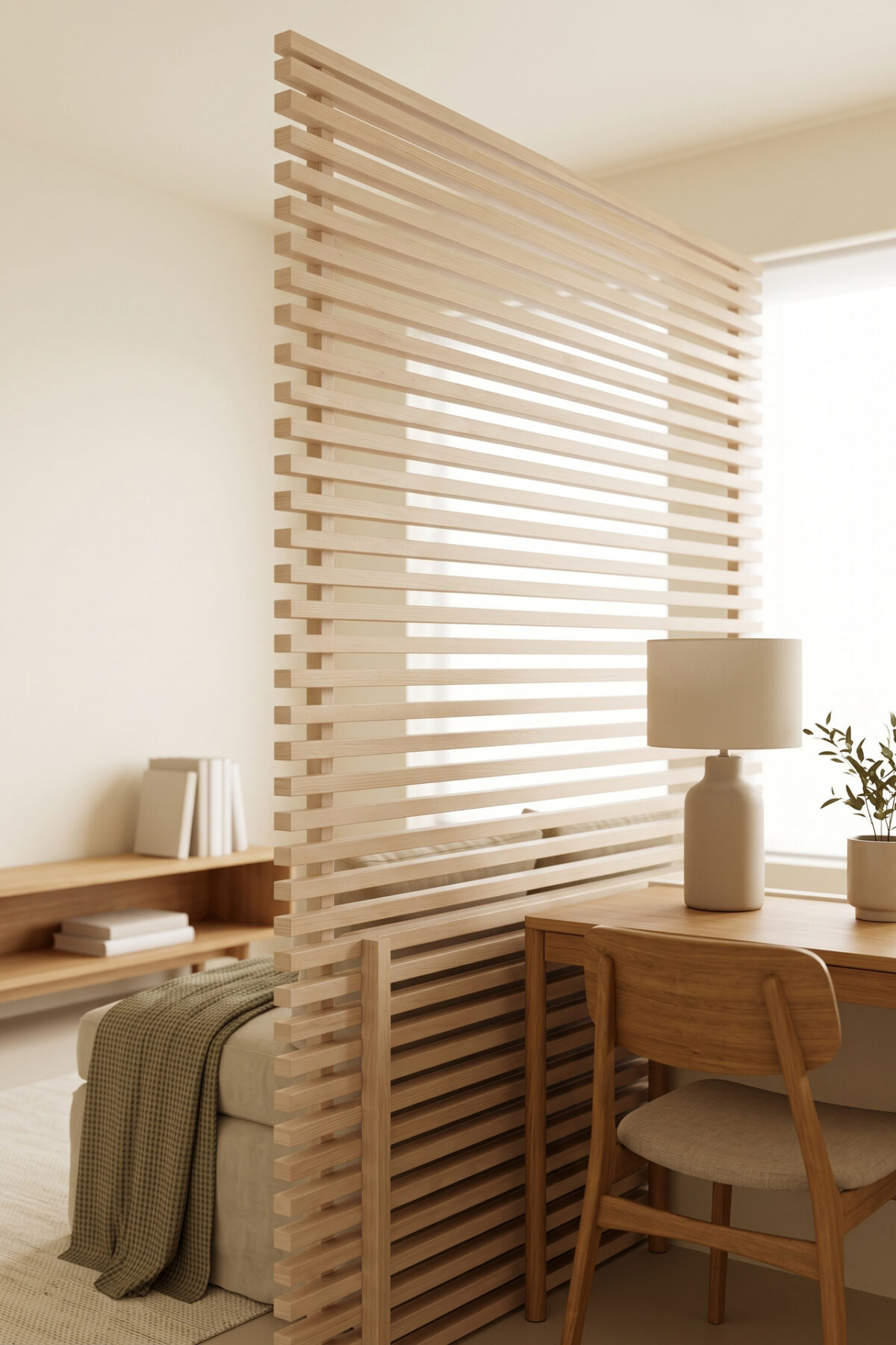 Cloison ajourée réalisée avec une tête de lit IKEA MANDAL pour séparer deux espaces