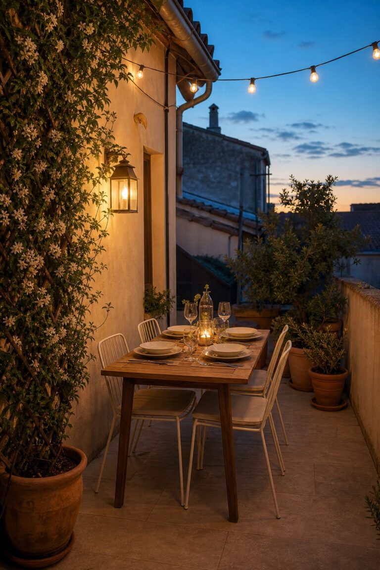 Coin repas sur une terrasse étroite avec table en bois, chaises blanches, guirlande lumineuse et plantes