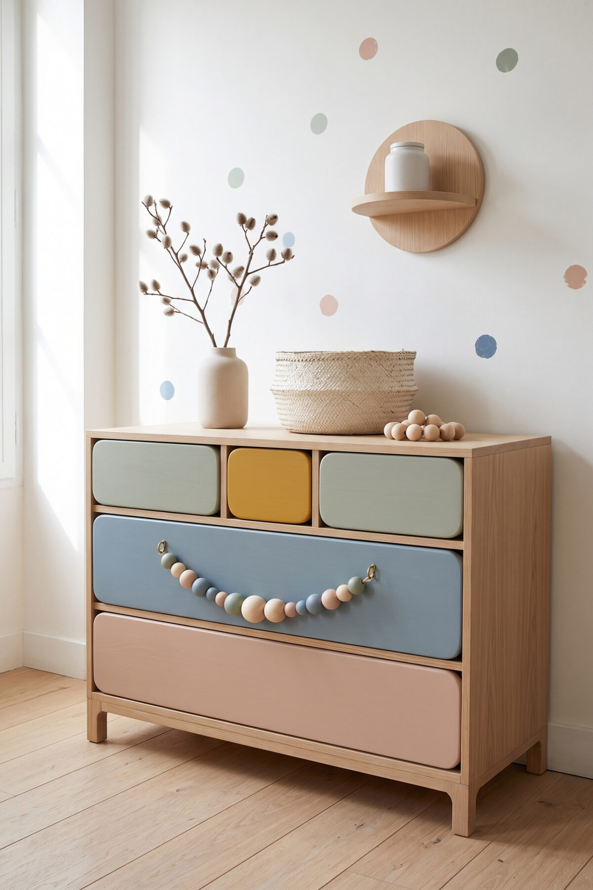 Commode IKEA rose et bois clair customisée avec guirlande pastel