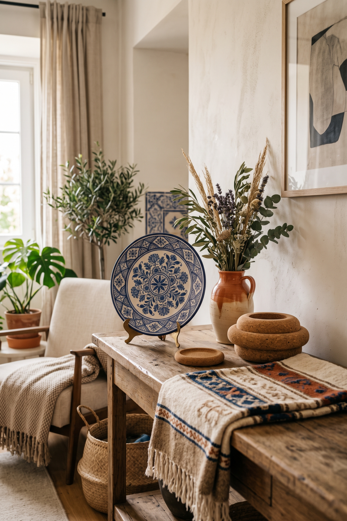 composition d’objets déco portugais sur une console avec céramique, liège et textile