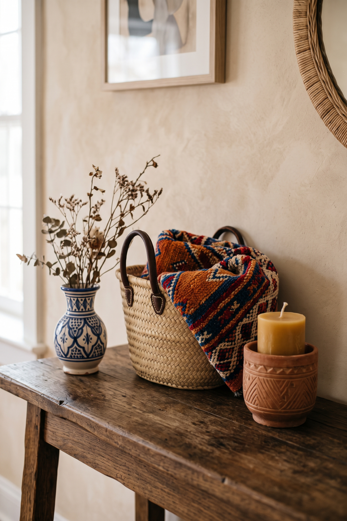 composition d’objets déco rapportés de Marrakech sur une console en bois