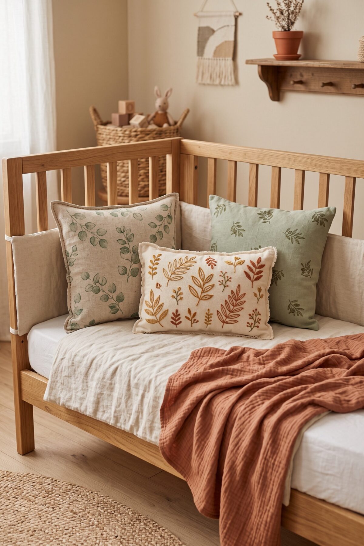 Coussins cousus dans des tissus aux motifs végétaux sur un lit d’enfant
