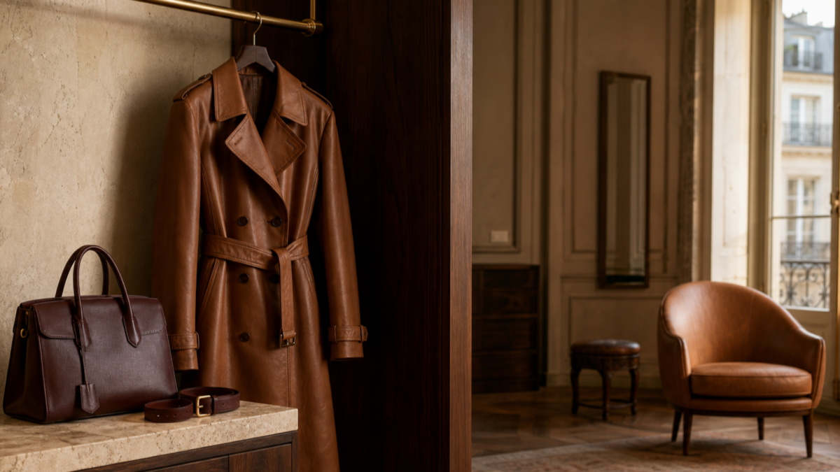 trench en cuir cognac, sac bordeaux et fauteuil en cuir dans une entrée parisienne chaleureuse