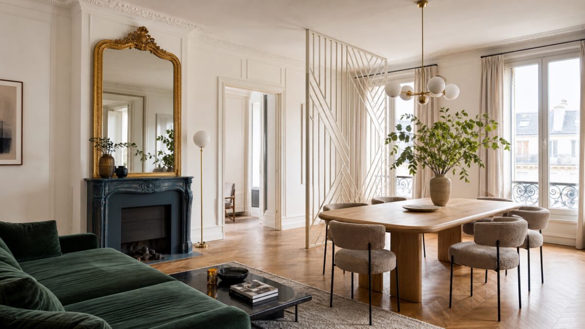 salon et salle à manger d’un appartement élégant à Neuilly avec cheminée bleue, canapé vert et parquet en bois
