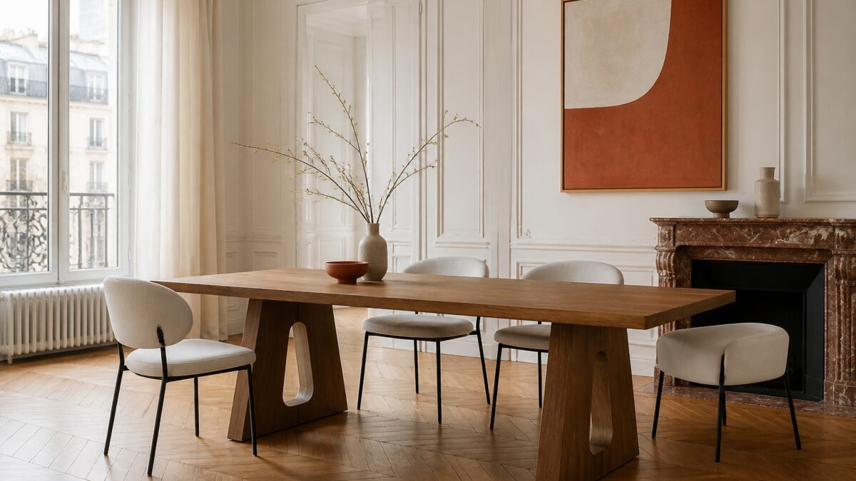 Table à tréteaux en bois dans une salle à manger contemporaine aux moulures parisiennes