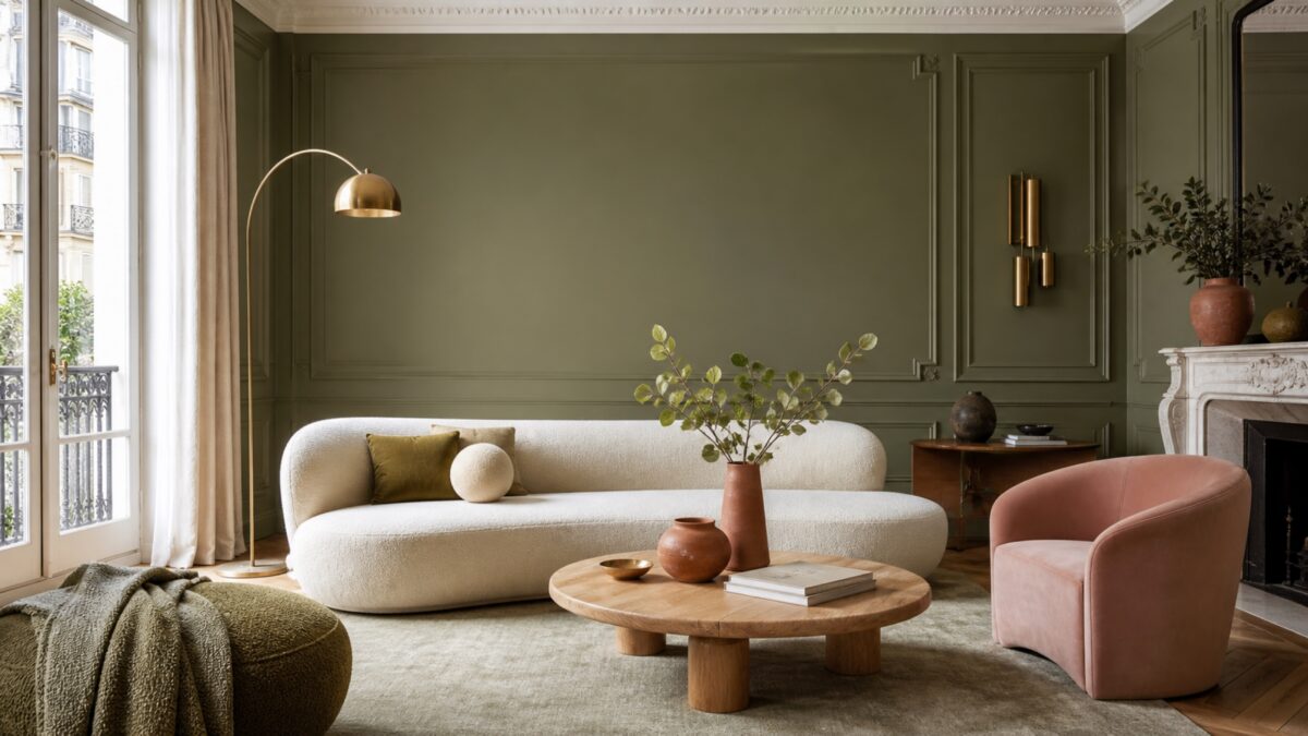 Salon parisien contemporain avec mur vert kaki, canapé écru, fauteuil rose poudré, bois et détails en laiton
