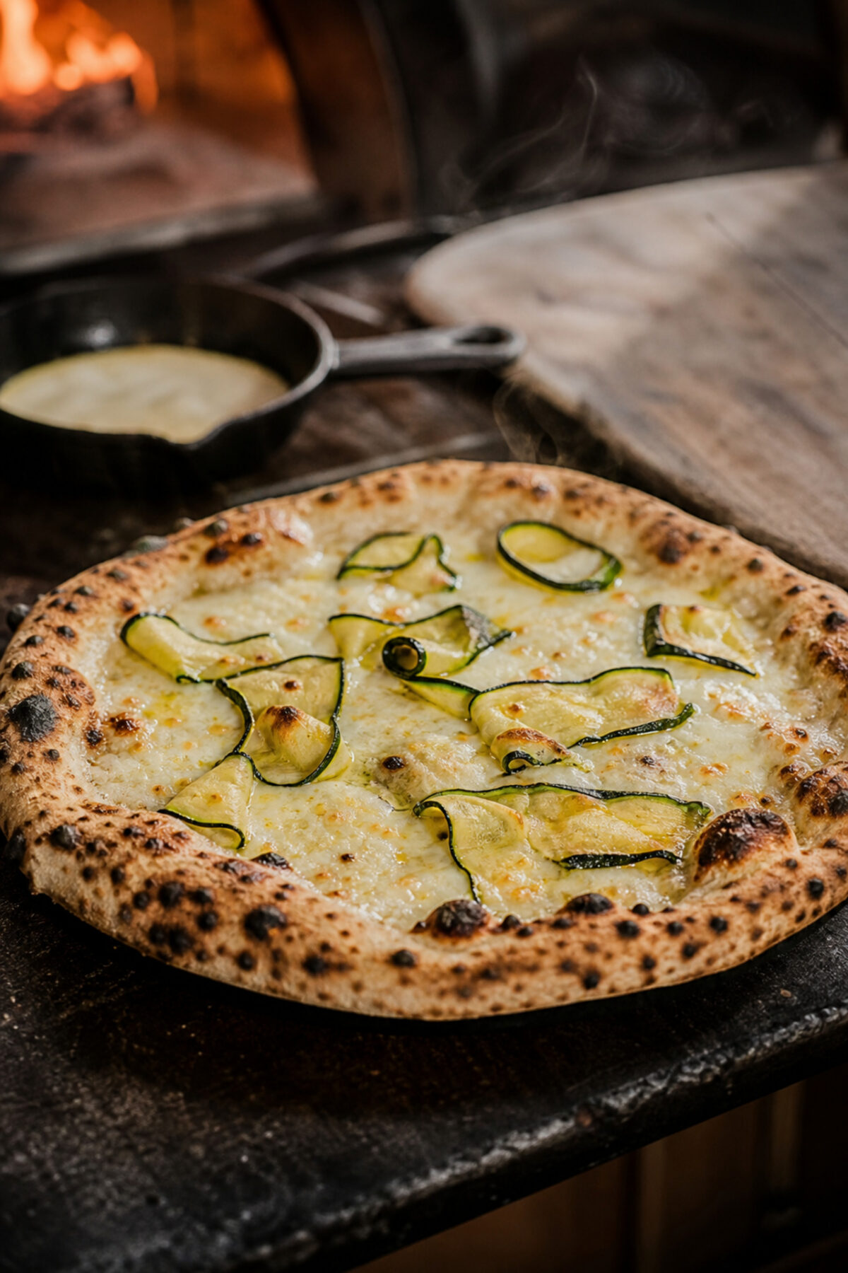 Pizza blanche aux courgettes en cuisson dans un four à pizza, avec une pâte dorée et gonflée