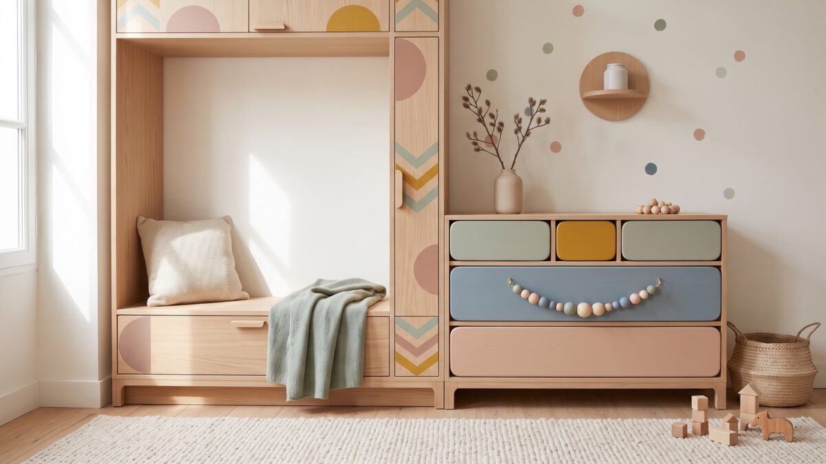 Meuble IKEA customisé dans une chambre d’enfant avec rangement pastel et banquette