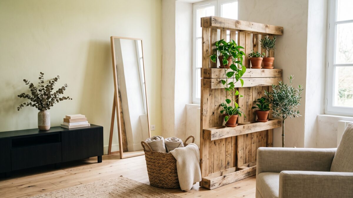 déco avec palette dans un intérieur lumineux avec meuble végétalisé