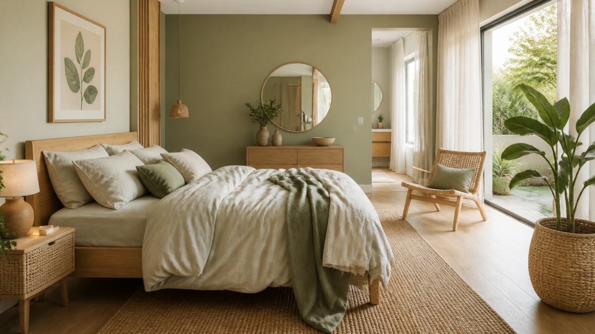 Chambre lumineuse avec décoration naturelle, bois clair, linge écru et touches vert sauge