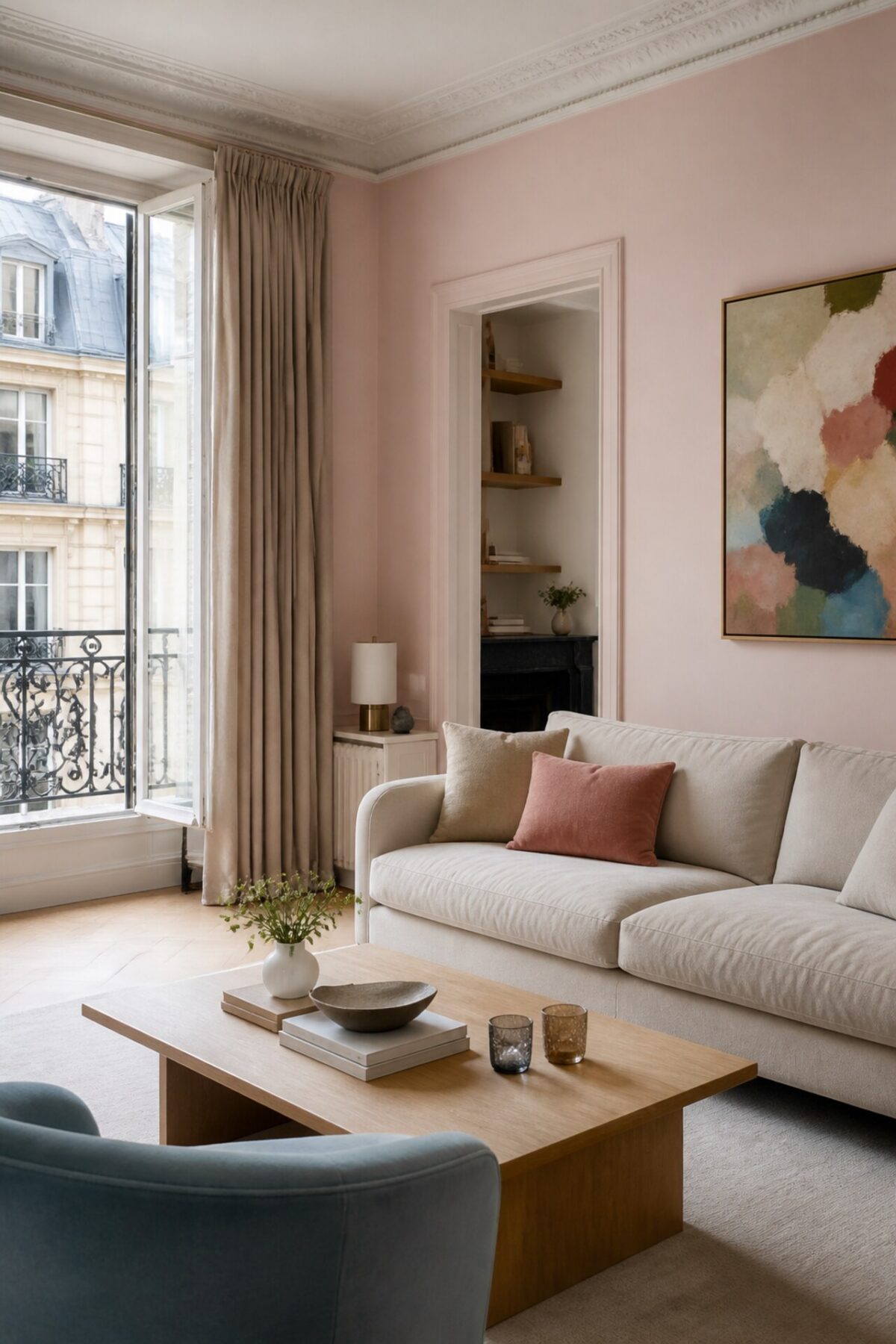 Salon lumineux aux murs rose poudré, canapé beige, fauteuil bleu clair et détails colorés