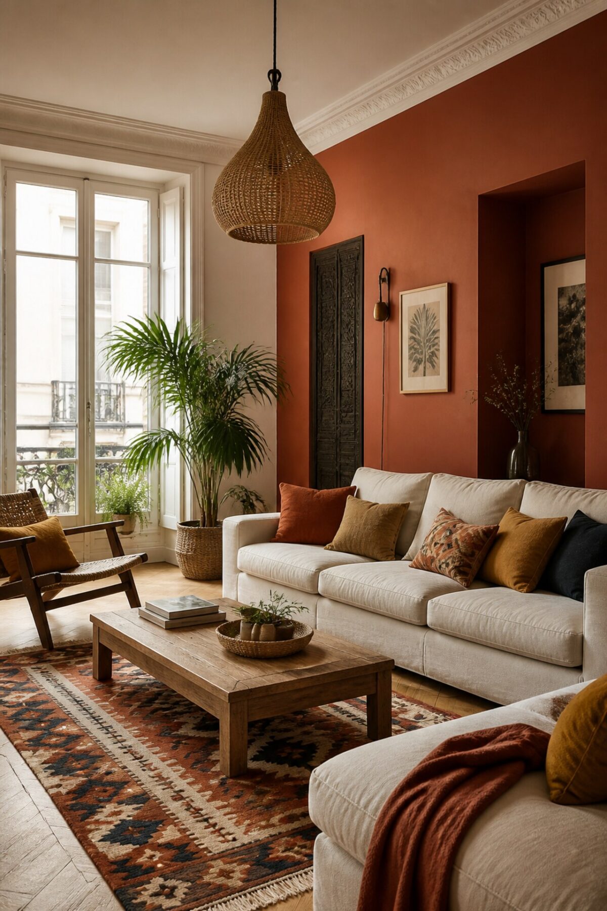 Salon bohème lumineux avec mur terracotta, canapé en lin écru, coussins rouille et tapis berbère