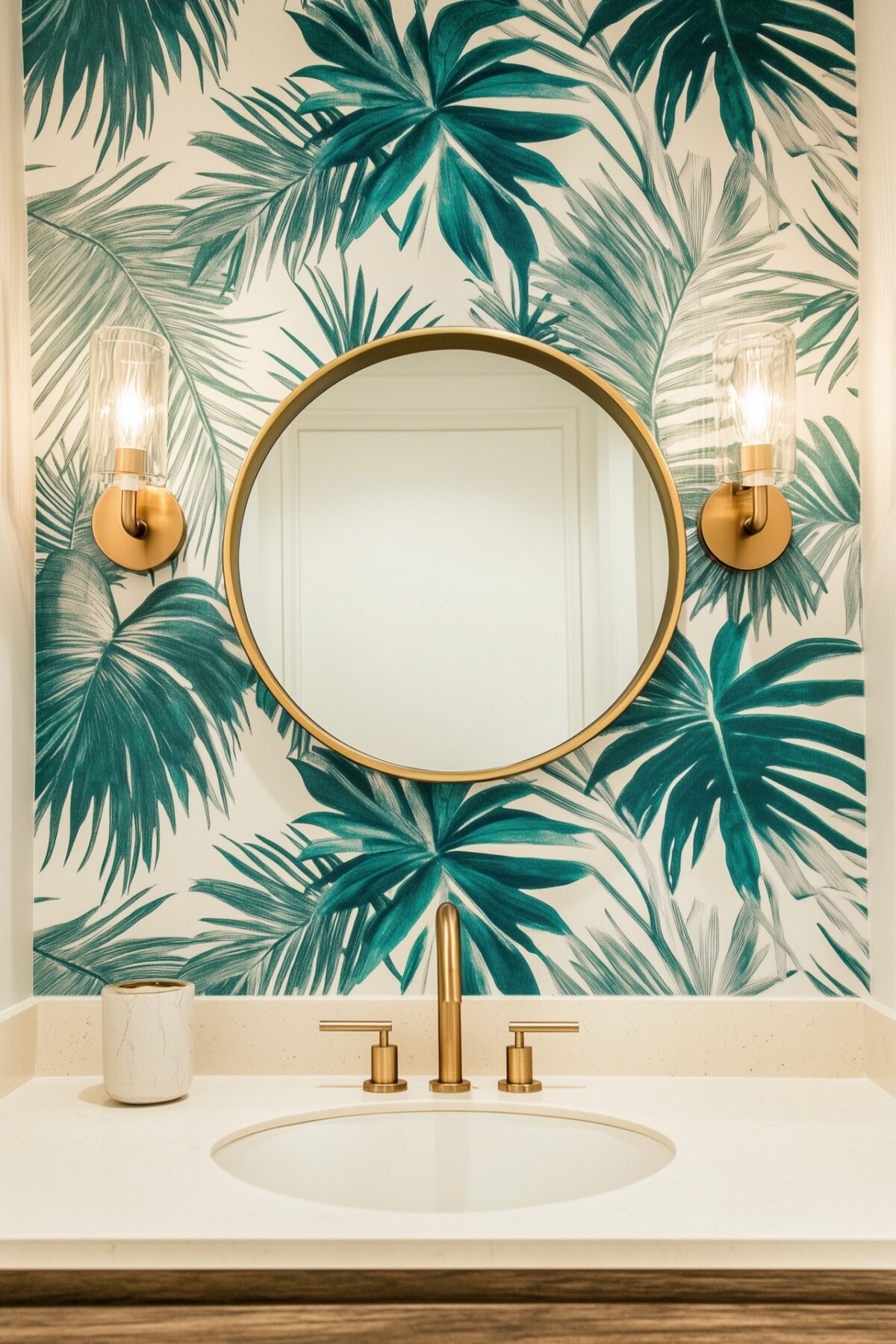 Chambre tropicale avec tête de lit verte, coussins en velours et paysage de jungle mural