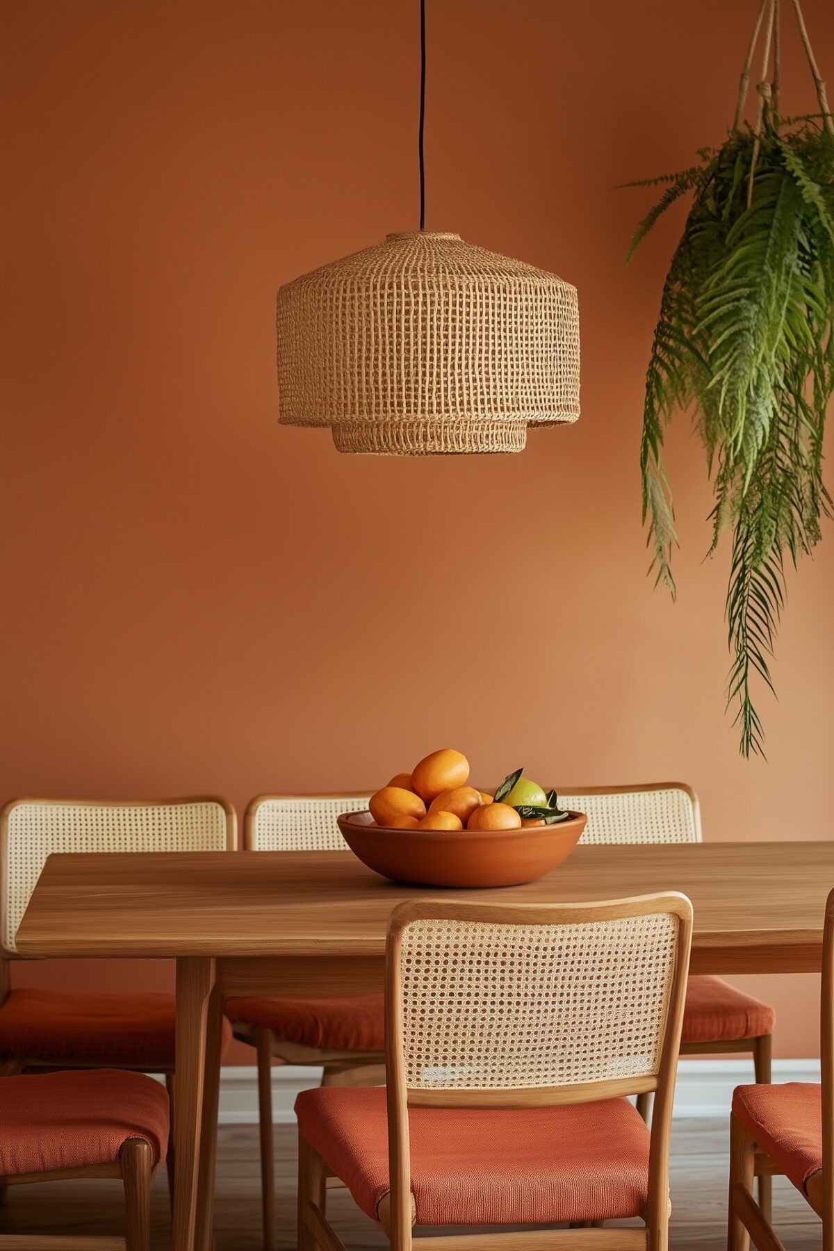 Salle à manger tropicale avec table en bois, chaises en cannage, suspension en rotin et mur terracotta