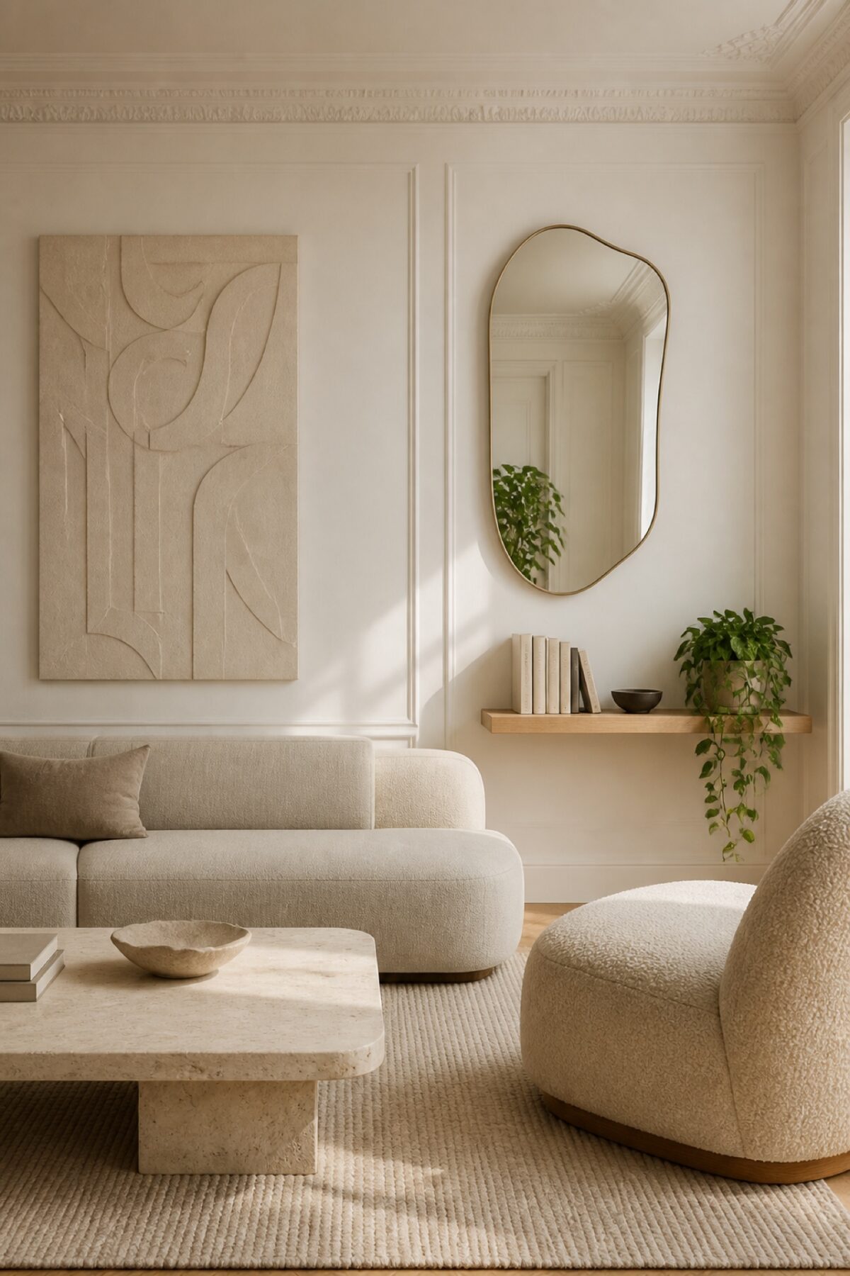 Salon contemporain avec panneau mural texturé, miroir organique et étagère décorée