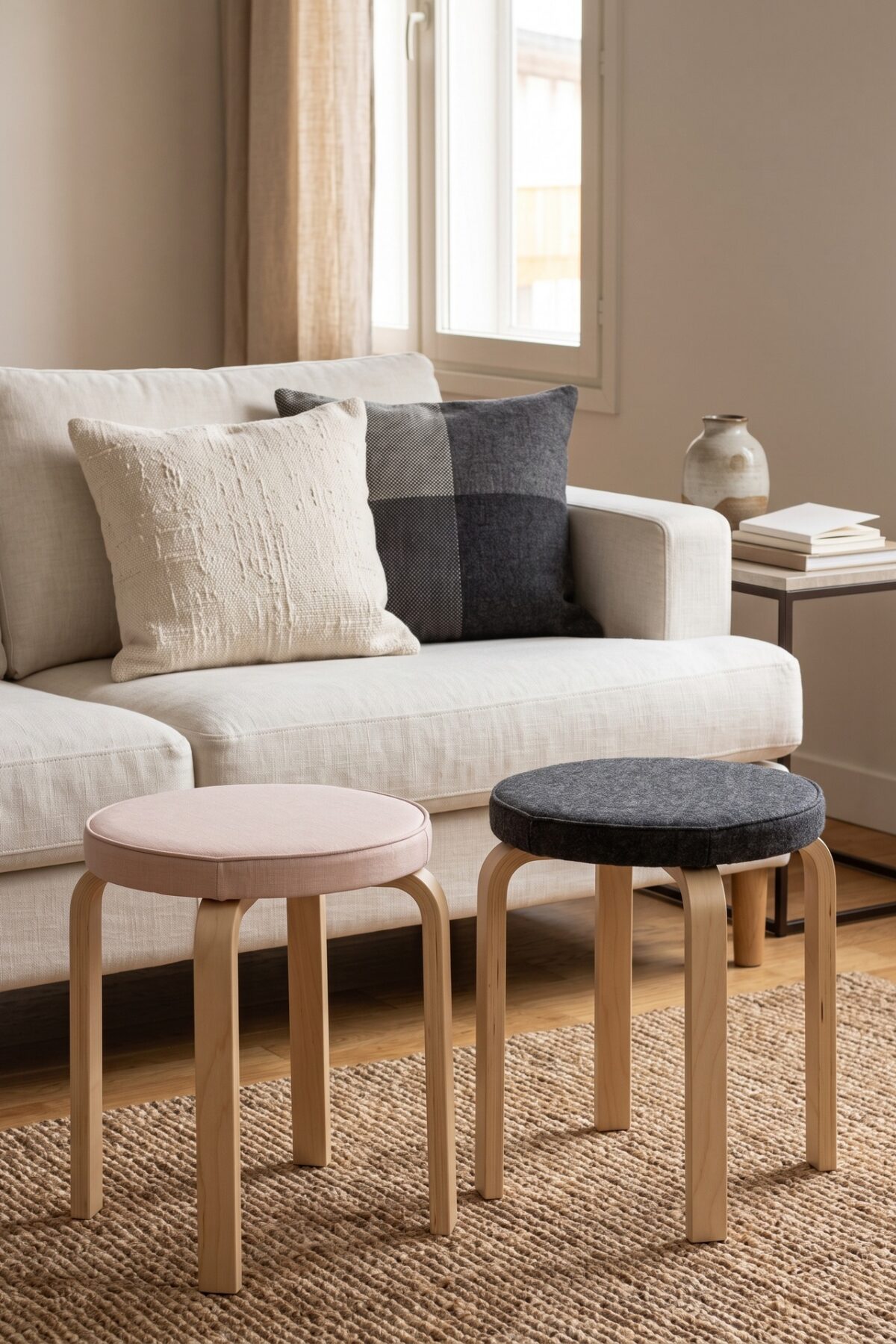 Deux tabourets Frosta IKEA recouverts de tissus rose poudré et anthracite