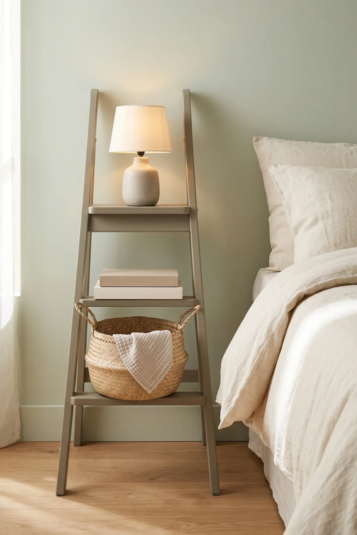 Échelle en bois transformée en table de nuit dans une chambre lumineuse