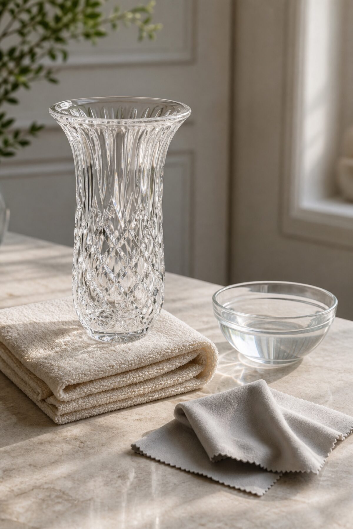 Nettoyage délicat d’un vase en cristal avec une microfibre et de l’eau tiède