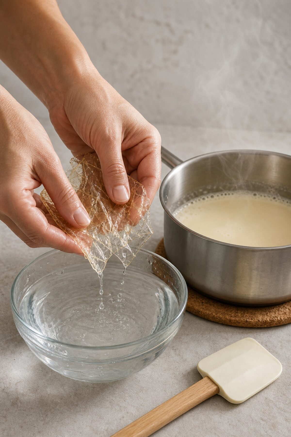 Deux mains essorent des feuilles de gélatine souples au-dessus d’un bol avant de les incorporer à la crème chaude