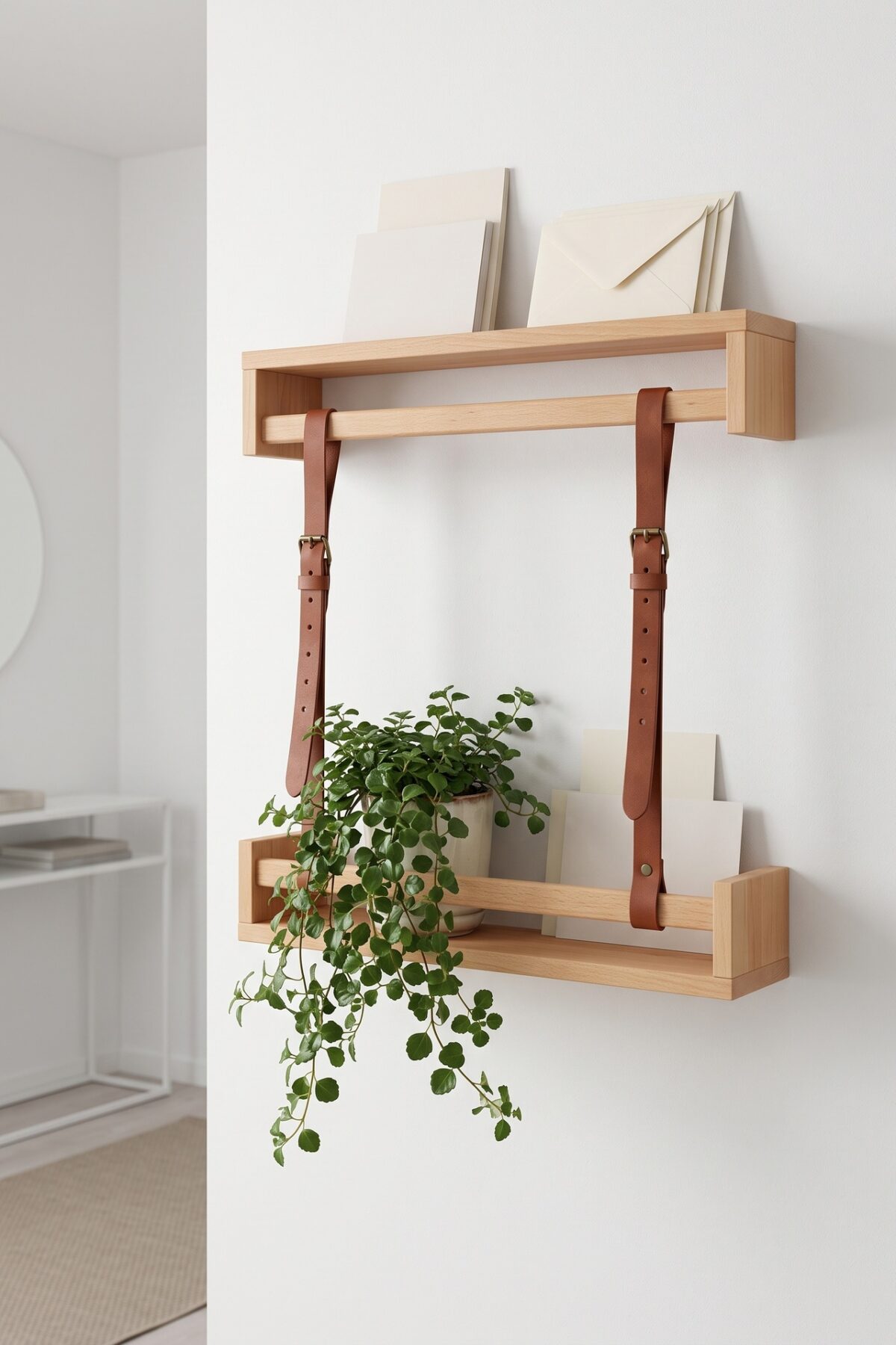 Étagère BEKVÄM transformée en support mural pour plante et courrier avec lanières en cuir