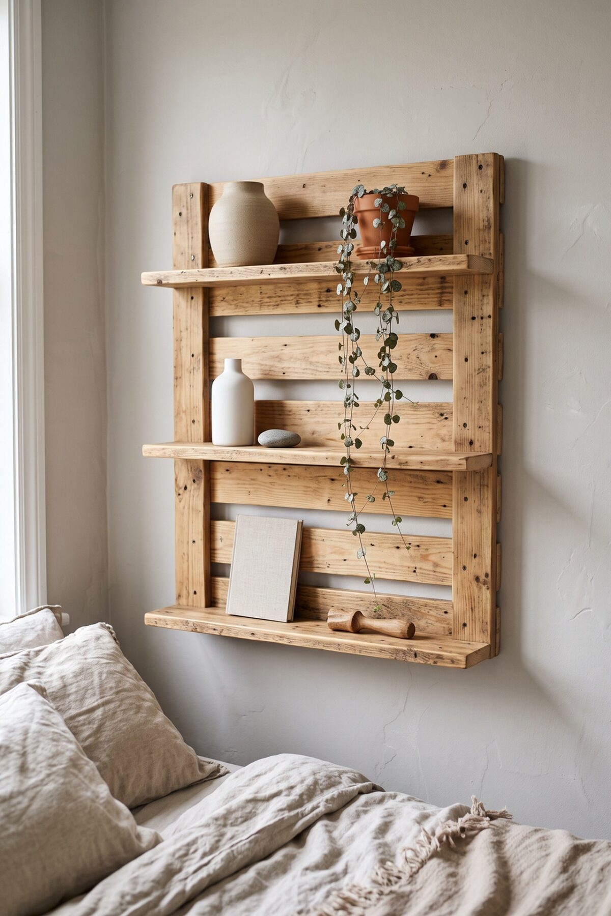 étagère murale en palette dans une chambre claire