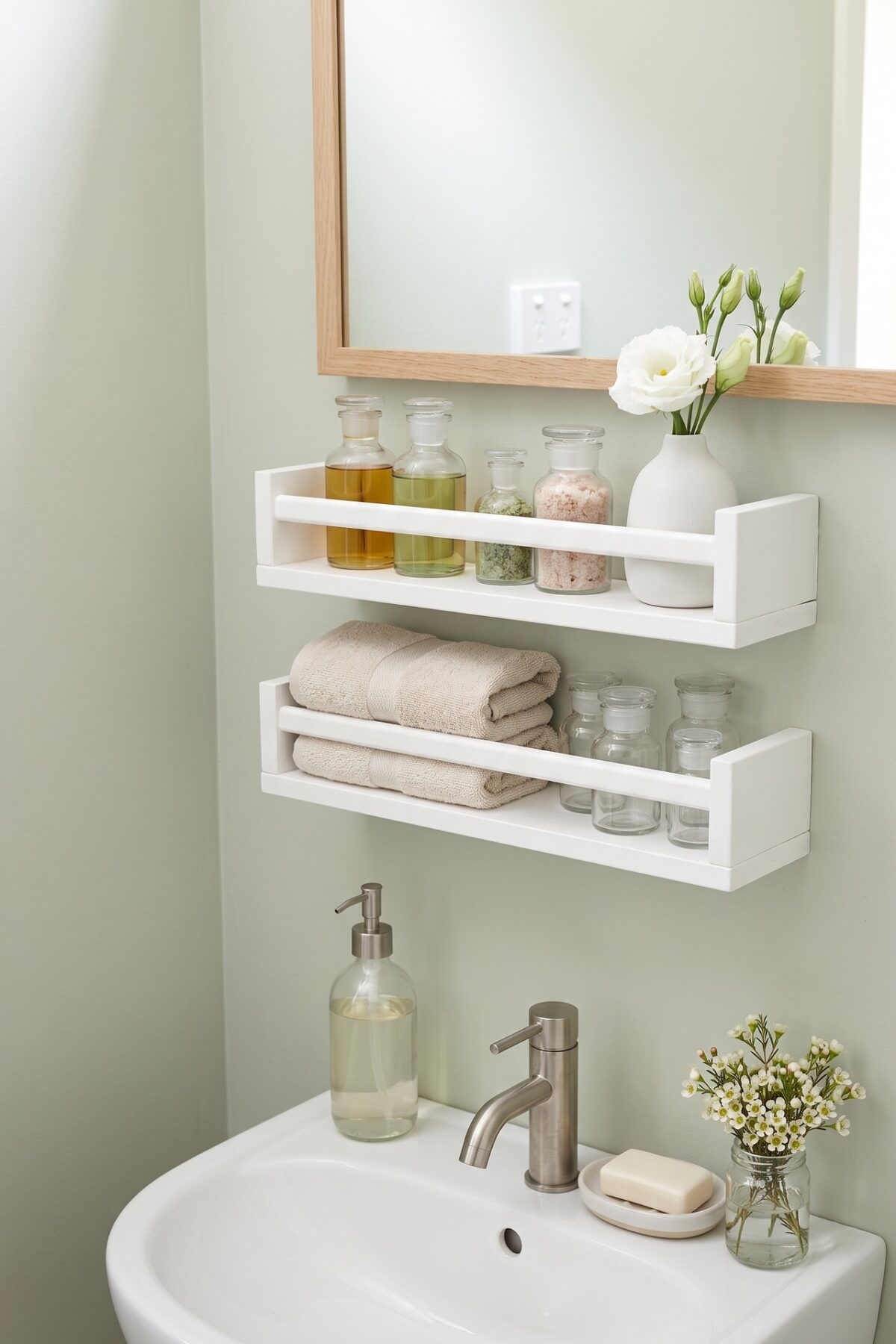 Étagères BEKVÄM blanches pour ranger serviettes et produits dans une salle de bain