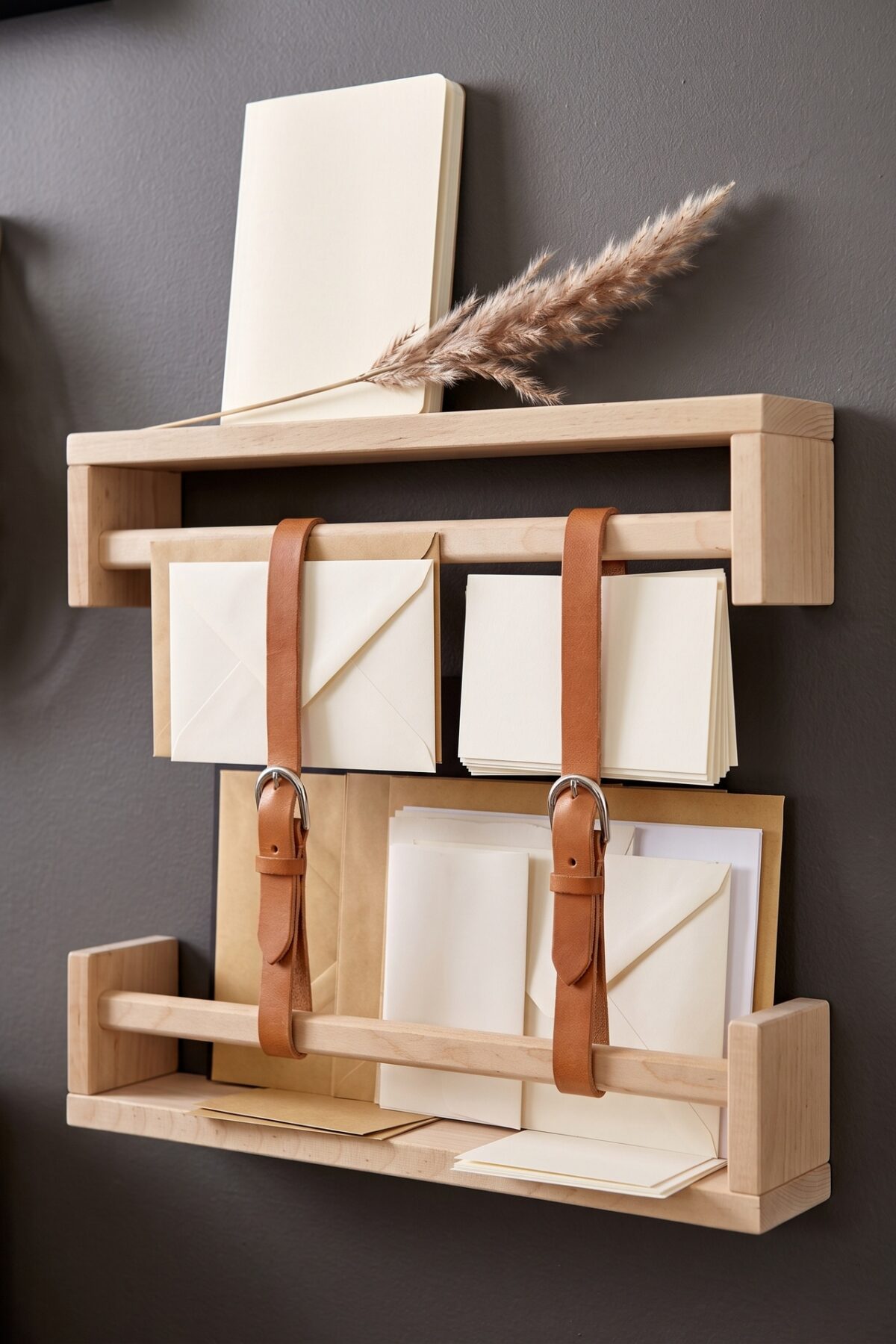 Étagères BEKVÄM transformées en rangement pour courrier avec lanières en cuir