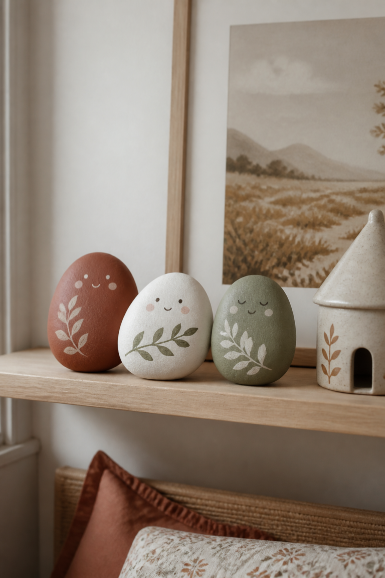 Galets peints à la main avec des visages et des motifs végétaux sur une étagère de chambre d’enfant