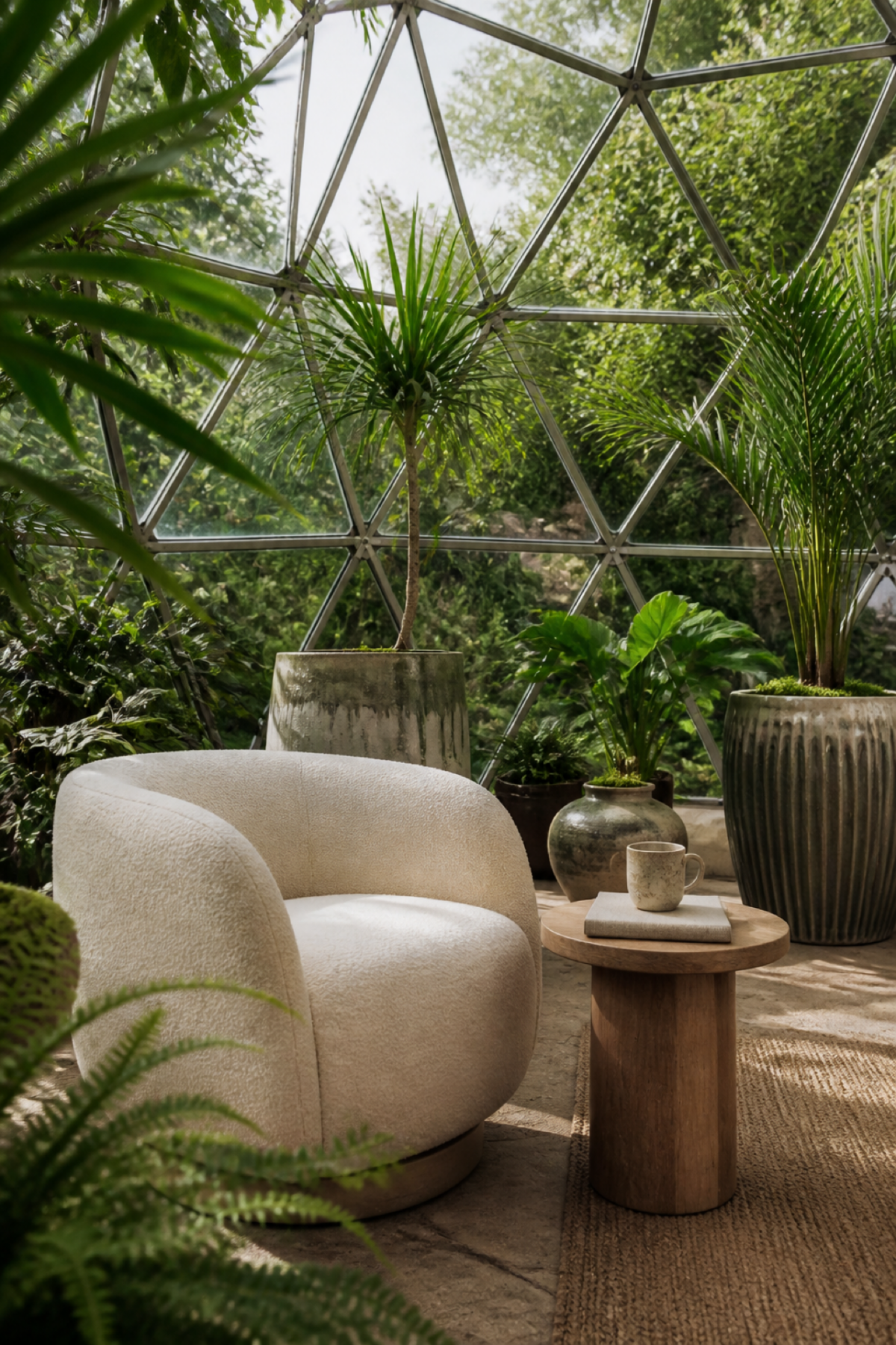 Fauteuil confortable et plantes vertes aménagés dans un garden igloo pour créer un coin lecture