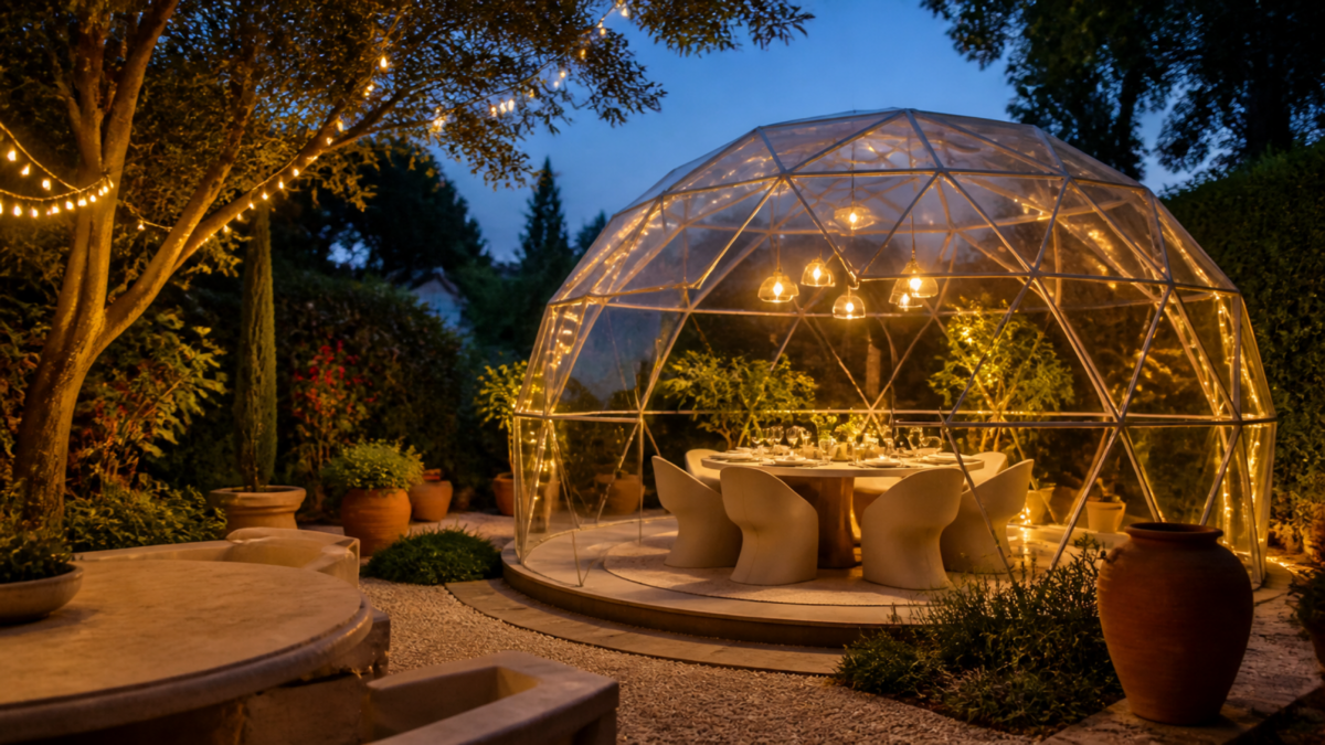 Garden igloo transparent éclairé dans un jardin à la tombée du jour avec un salon extérieur élégant