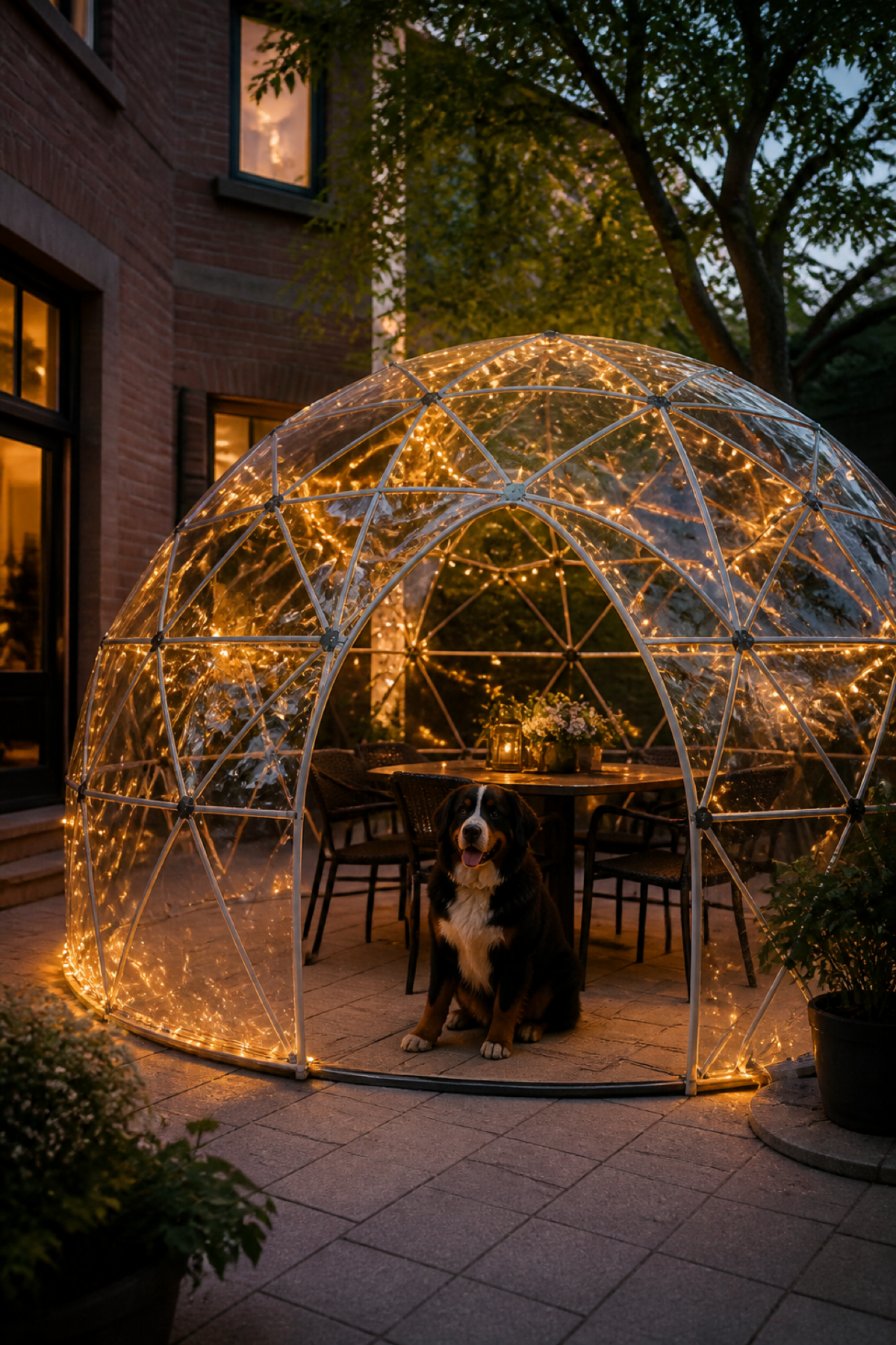 Garden igloo éclairé par des guirlandes avec un chien dans un jardin