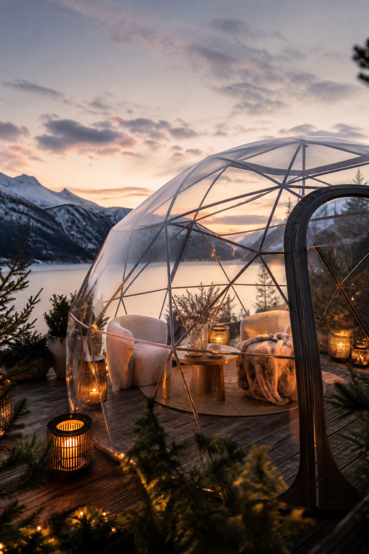 Garden igloo transparent installé sur une terrasse avec vue sur un lac et les montagnes en hiver