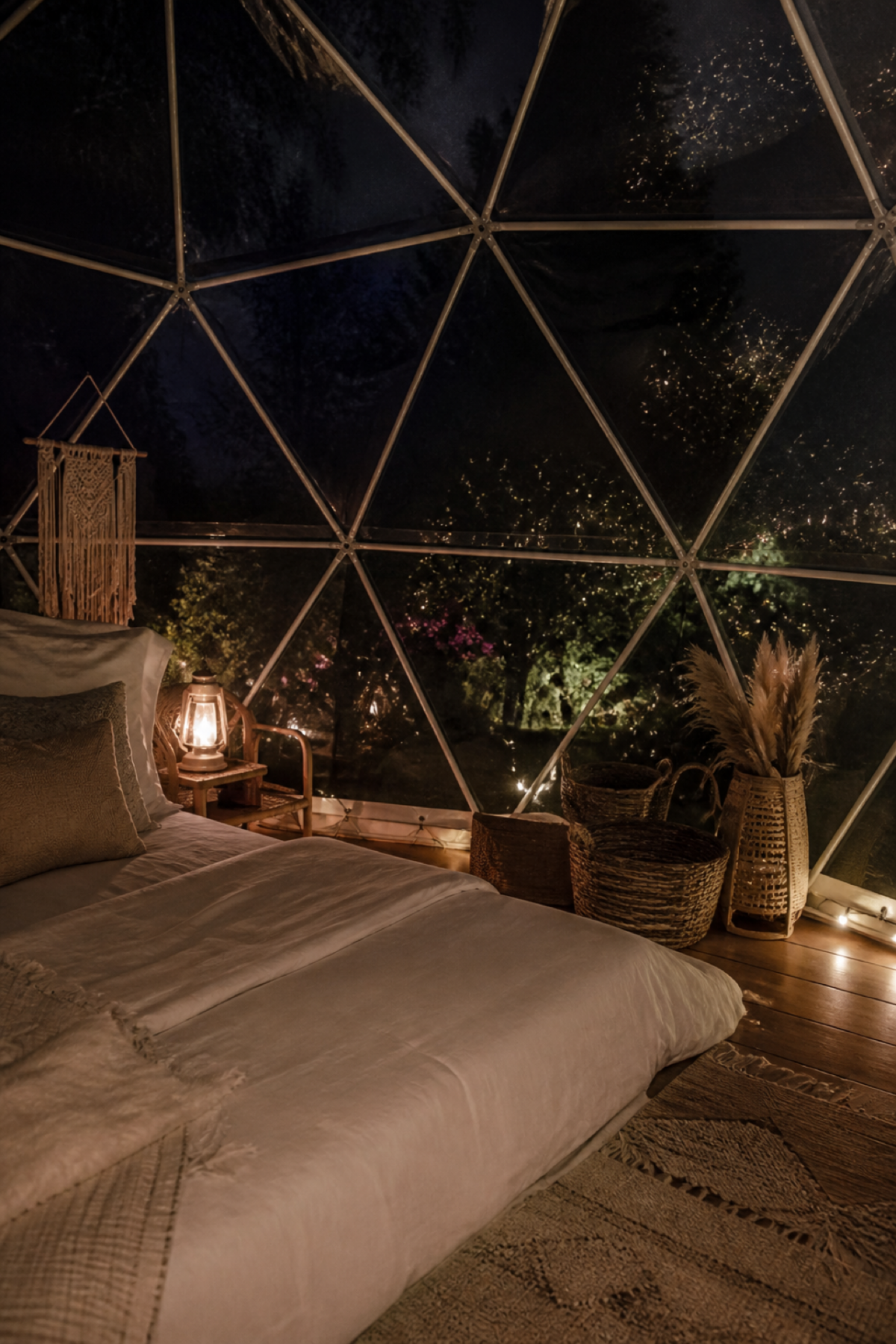 Coin nuit avec linge blanc installé dans un garden igloo transparent sous les étoiles