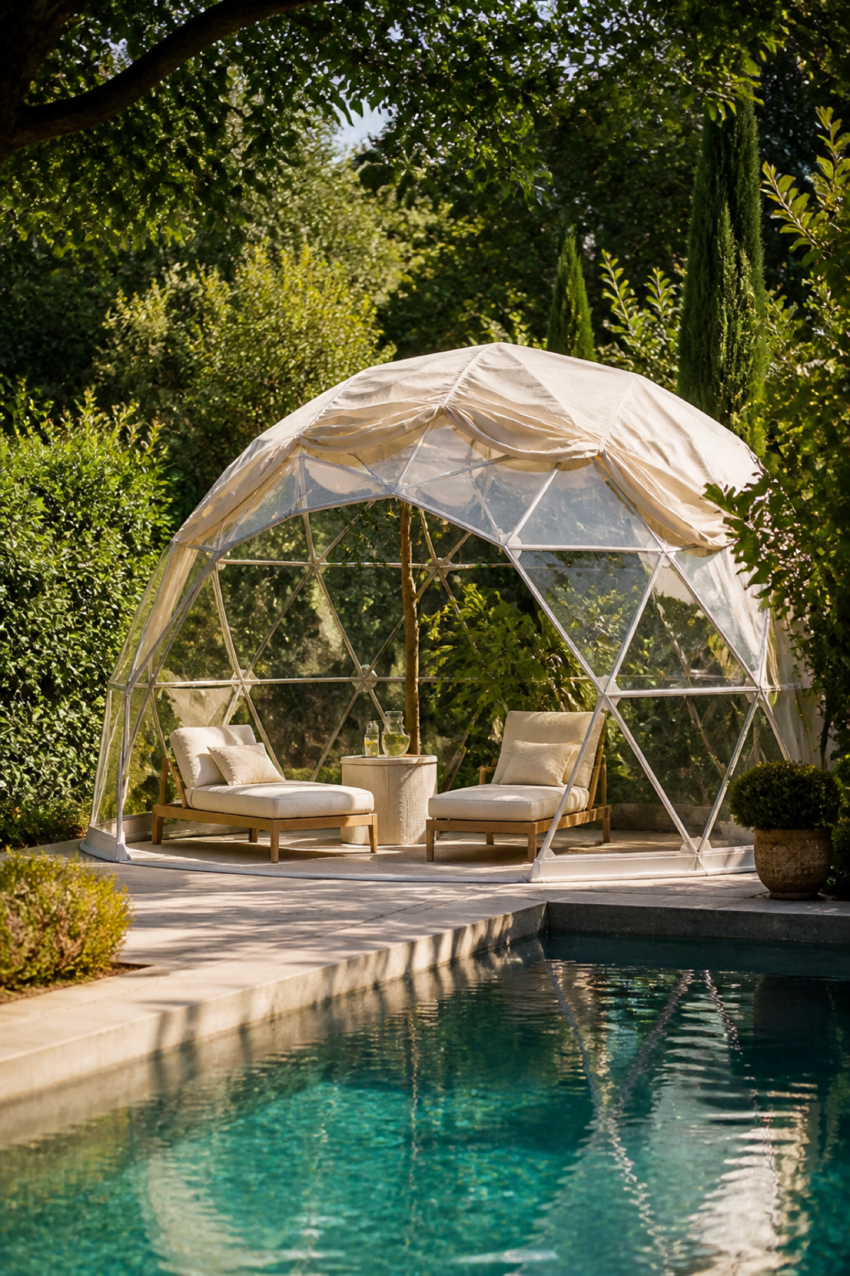 Garden igloo équipé d’une couverture d’été au bord d’une piscine dans un jardin verdoyant